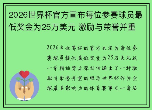 2026世界杯官方宣布每位参赛球员最低奖金为25万美元 激励与荣誉并重