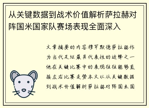 从关键数据到战术价值解析萨拉赫对阵国米国家队赛场表现全面深入