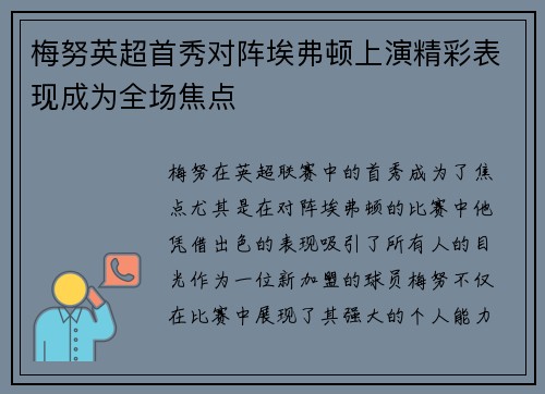 梅努英超首秀对阵埃弗顿上演精彩表现成为全场焦点