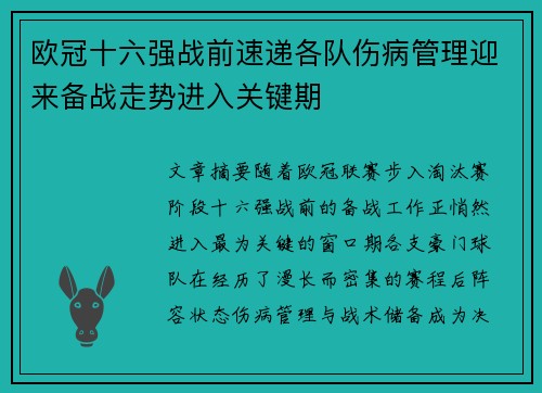 欧冠十六强战前速递各队伤病管理迎来备战走势进入关键期